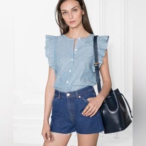 & OTHER STORIES Cotton And Linen Blend Frill Ruffle Sleeve Top Blue Size 6